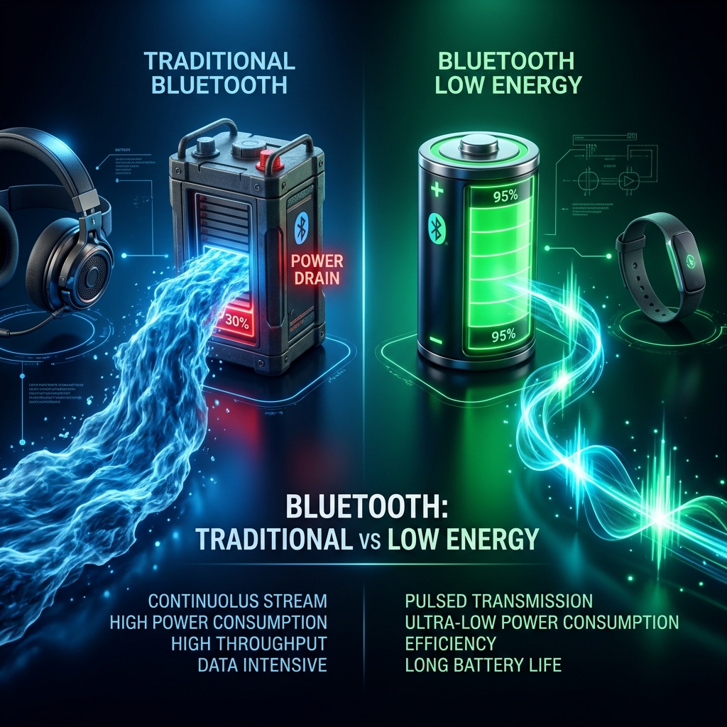 Traditional Bluetooth vs Bluetooth Low Energy Comparison Diagram